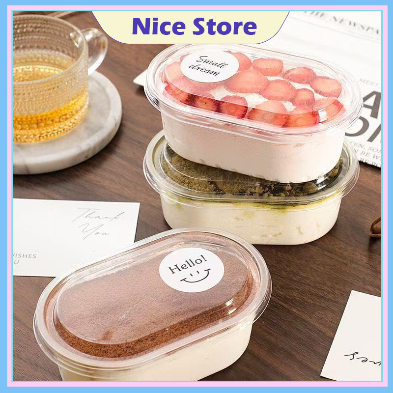 NICE 50PCS ภาชนะรูปวงรี กล่องพลาสติกโปร่งใส กล่องมูสเค้ก ชีสเค้ก กล่องขนมวงรี ถ้วยโยเกิร์ต แพ็ค หนา แข็งแรง 500 มล