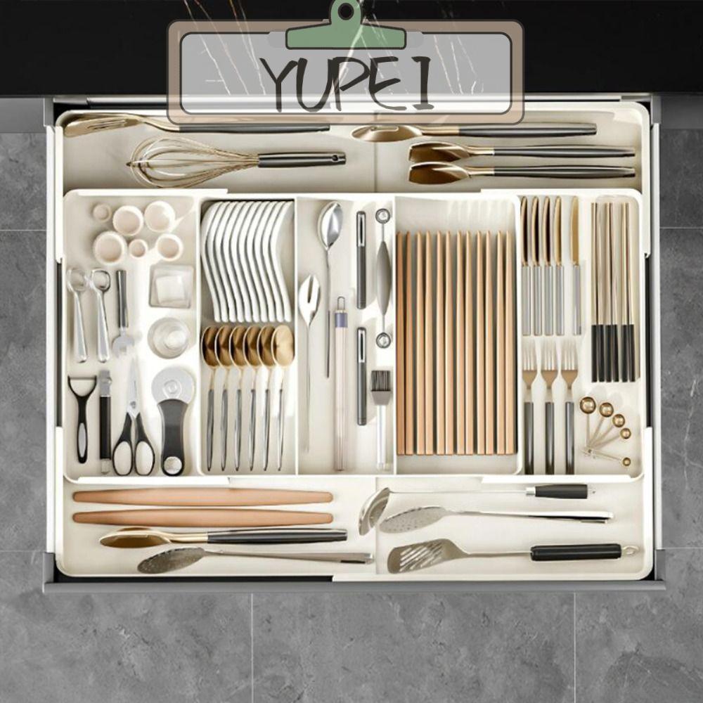 YUPEI กล่องเก็บเครื่องครัว,ลิ้นชักพลาสติกขยายได้,ปรับอเนกประสงค์ Flatware ที่ใส่ช้อนส้อมถาดลิ้นชัก Divider
