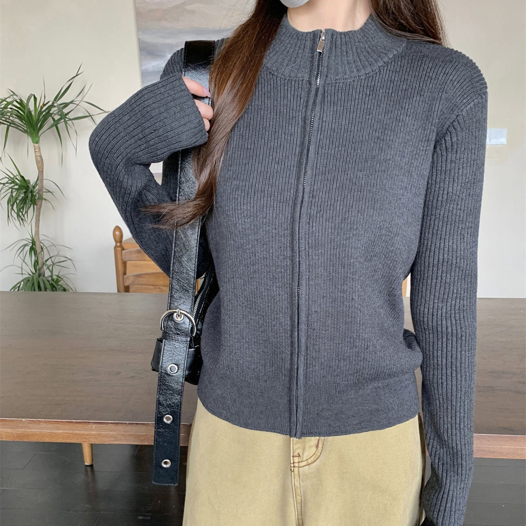 [Pit Strip Zipper Sweater] Stand-Up Collar Long-Sleeved Sweater Girls ถักเสื้อสเวตเตอร์ถักแขนยาว Z