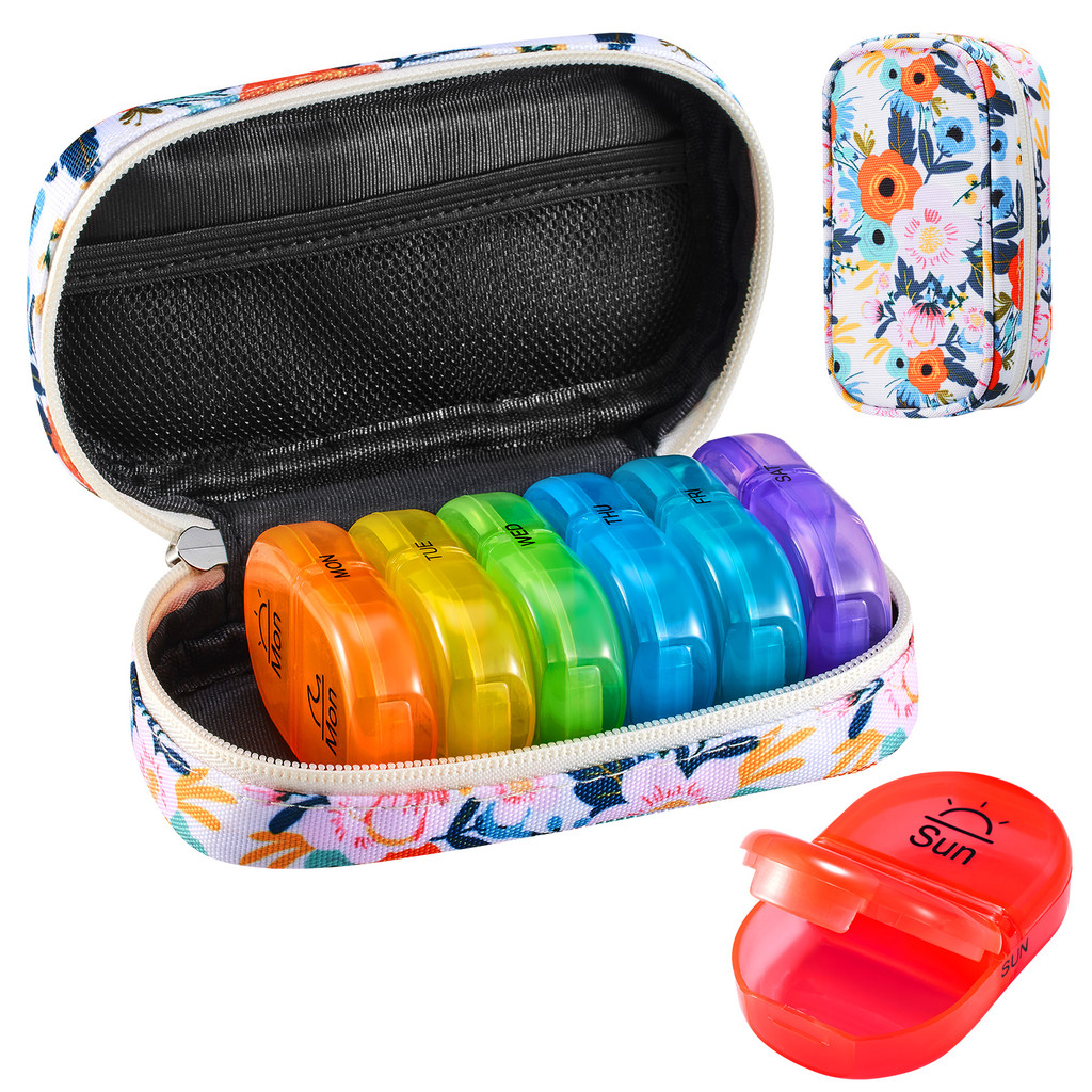 7-Day Pill Organizer Canvas w/ Zip Pouch - Rainbow Design | Portable Med Case for Vitamins & Supplem