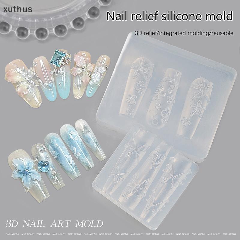 XUT แม่พิมพ์ซิลิโคนแกะสลักดอกไม้ ปั๊มแผ่น 3D แผ่นลายเล็บ DIY สําหรับเจล UV เครื่องมือคนรักเล็บ