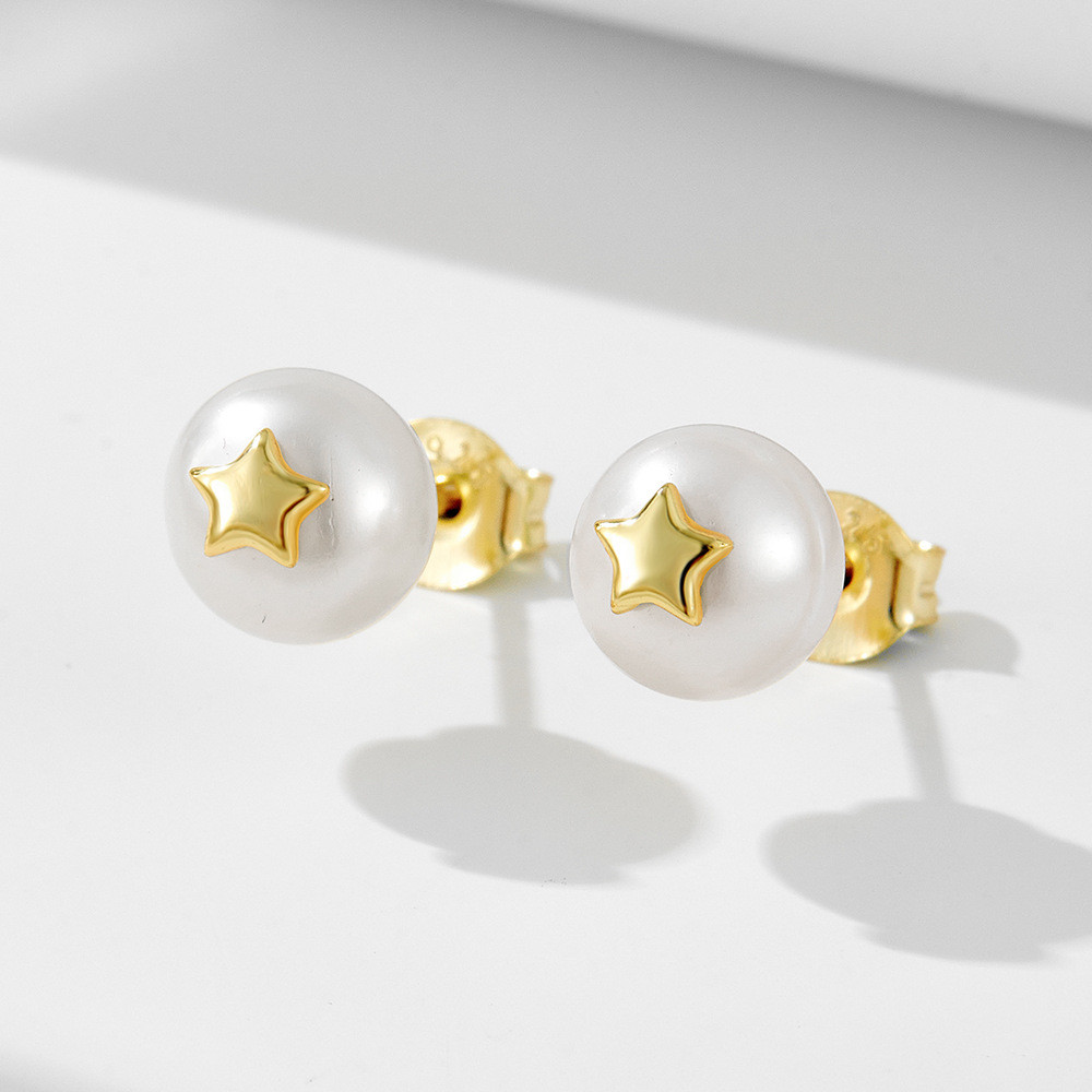 S925 Sterling Silver Five-Pointed Star Plug Bead Caps Natural Pearl Ear Studs Female French Retro Af