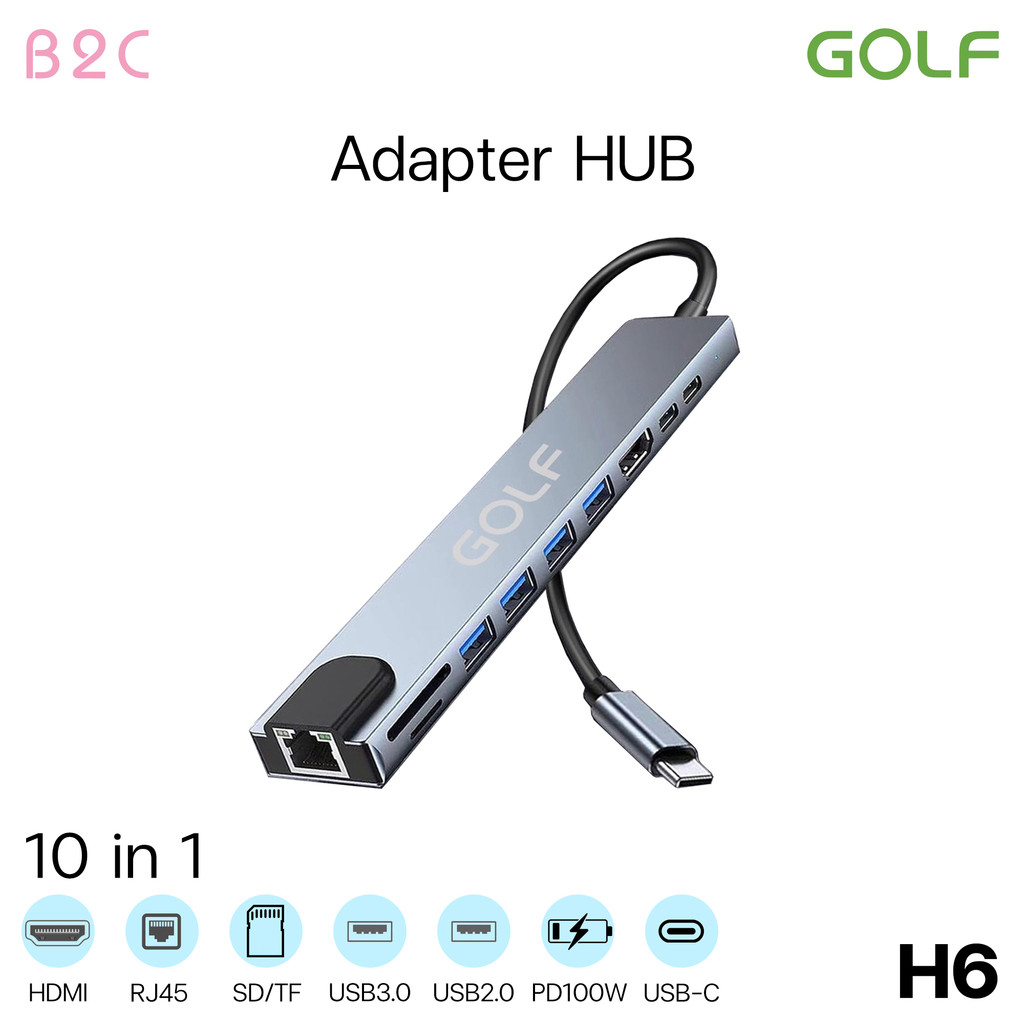GOLF รุ่น H6 อะแดปเตอร์ฮับ 10in1Type-c hub USB-C เป็น USB 3.0 +USB2.0*3+HDMI 4K+usb-c+PD100w+RJ 45100Mbps +การ์ดรีดเดอร์