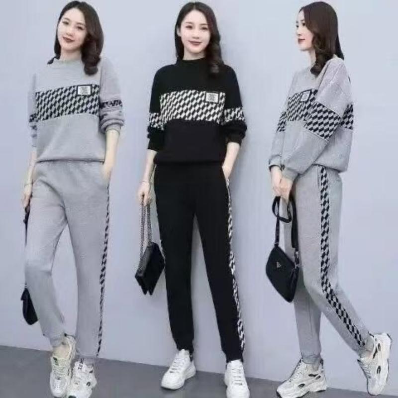 2ชิ้น/แฟชั่นผู้หญิงชุดลําลองเสื้อกันหนาวคอกลมหลวม+กางเกงขายาวเรียบง่ายฤดูใบไม้ผลิฤดูใบไม้ร่วงชุดสองชิ้น