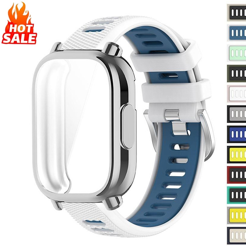 2 in 1 Soft Full Case + Strap Two tone Sports Silicone Band Compatible for Redmi Watch 5 Active/5 Lite Strap TPU Cover Case with Screen Protector Film for Men Women