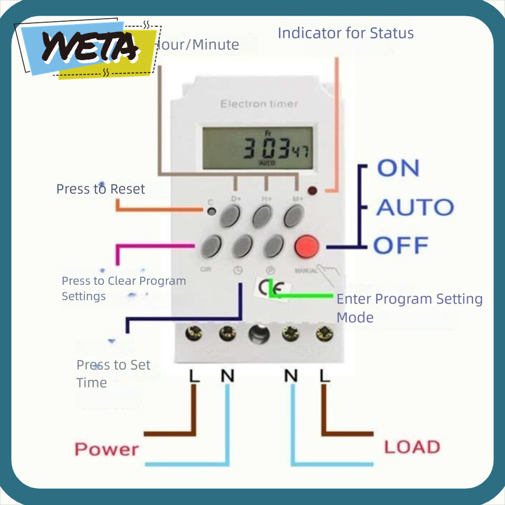 YVETA Digital Timer, LED 110V Timer Switch,แบบพกพา 25A 220V 12V Time Control Timerช่างไฟฟ้า
