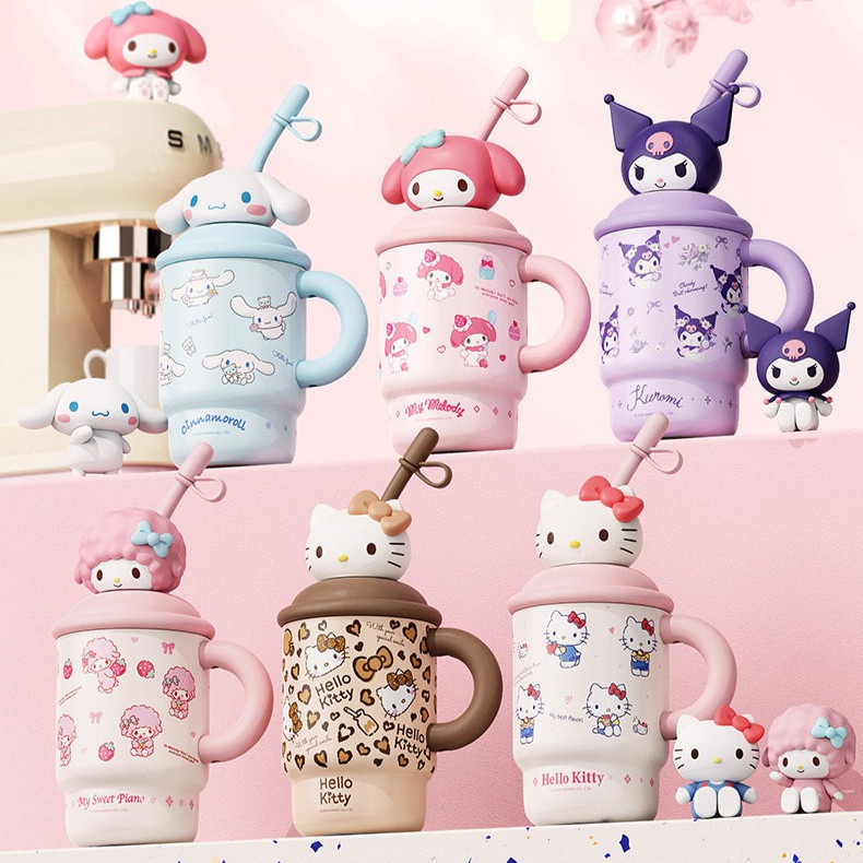 Sanrio Water Cup Hello Kitty Ice-Bloc Insulated Cup 500ml ขวดน้ําความจุขนาดใหญ่พร้อมถ้วยโต๊ะฟาง