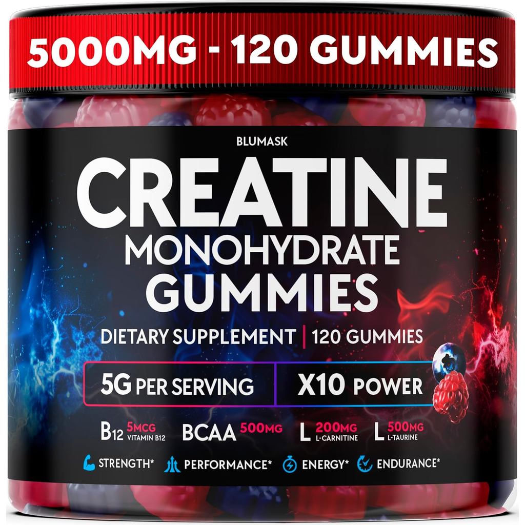 CreatineMonohydrateGummiesComplex5000MGforMen&Women,PreworkoutGummywithBCAA,L-Carnitine,Taurine&Vita