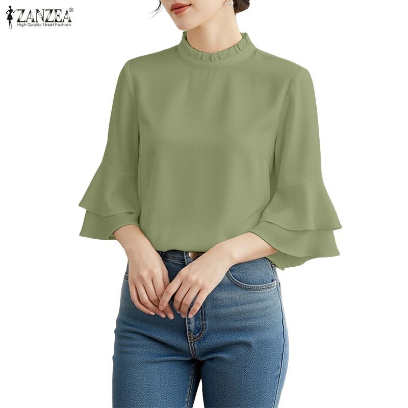 ZANZEA ผู้หญิงเกาหลีอารมณ์รอบคอ 3/4 Double-Layered Flare Sleeve Ruffles Splic เสื้อ