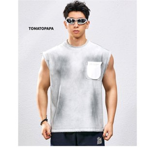 มะเขือเทศปาป้า เสื้อกั๊กผู้ชายหลวม-ฤดูร้อนไล่โทนสีแพทช์ตกแต่…