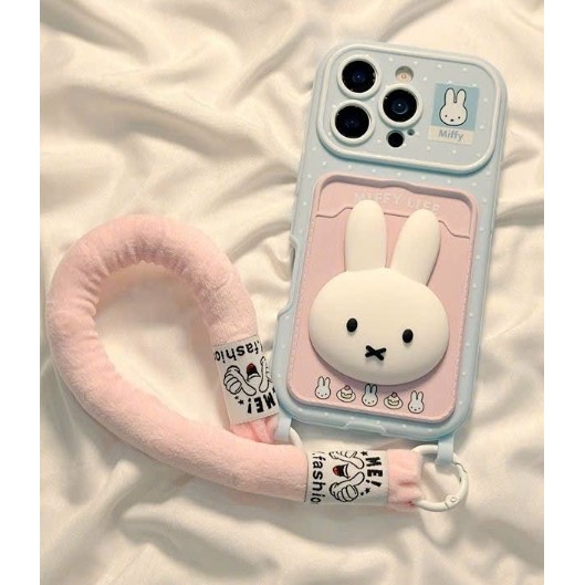 เคส 3D Miffy Rabbit กล้องหน้าต่างขนาดใหญ่ผู้ถือบัตรด้านหลัง TPU สําหรับ Apple IPhone