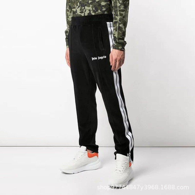J7PL Palm Angels Velvet pants with side stripe zippers, loose straight-leg casual sports trousers fo