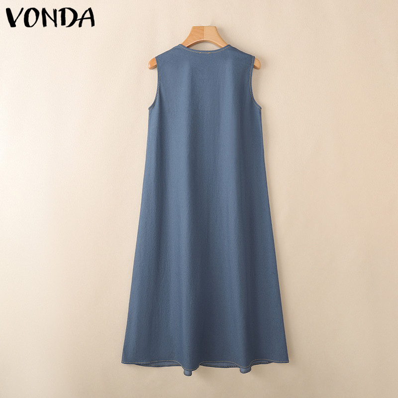 VONDA ดRESS แขนกุดสไตล์เกาหลีย้อนยุคสำหรับผู้หญิง ทรงแม็กซิ คอครึ่งปุ่ม เปิดหน้าอก สไตล์ STREET ใส่สบายในฤดูร้อน — صورة 8