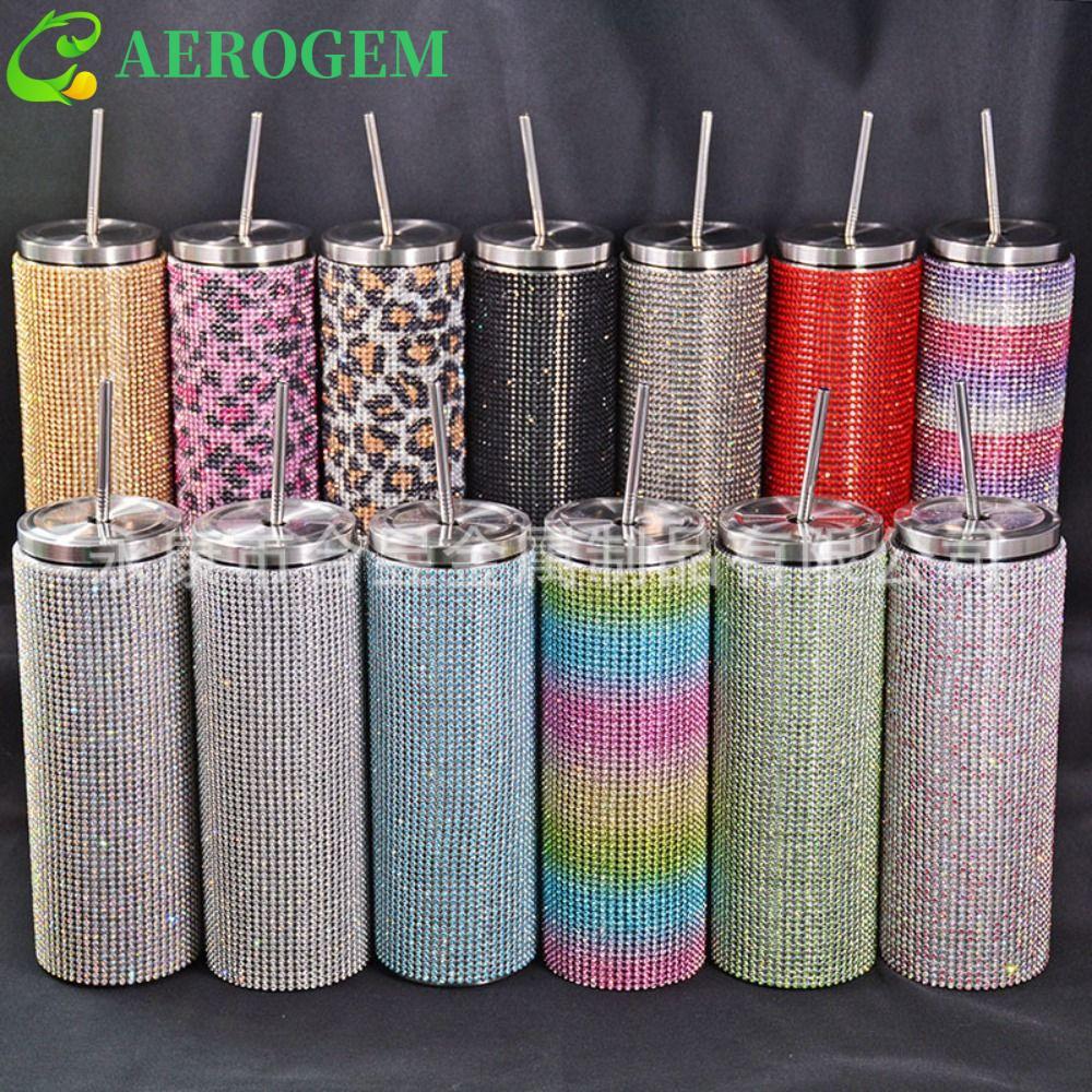 AEROGEM Rhinestone Thermos ขวด,หรูหรา Bling Glitter กาแฟแก้วเดินทาง,พร้อมฝาปิดฟางฉนวนเสือดาวพิมพ์ขวดน้ําสแตนเลสบ้าน/สํานักงาน