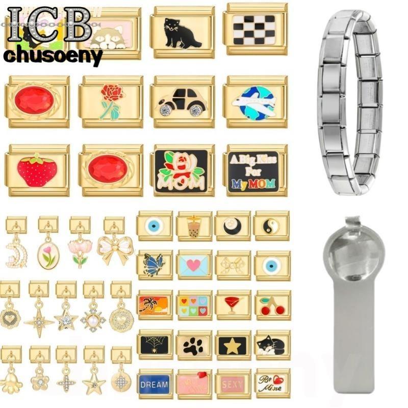 2024 ใหม่แฟชั่น Golden Bow Tie Love ทิวลิปดอกไม้ Charm อิตาเลี่ยน Links Fit 9 มม.สร้อยข้อมือเครื่องประดับสแตนเลส DIY ทําวันวาเลนไทน์สร้อยข้อมือ