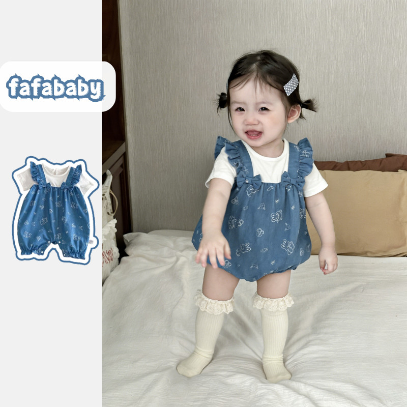 ชุดหมีเด็กผู้หญิงลายน่ารักกระต่ายผ้ายีนส์ 0-24 เดือน