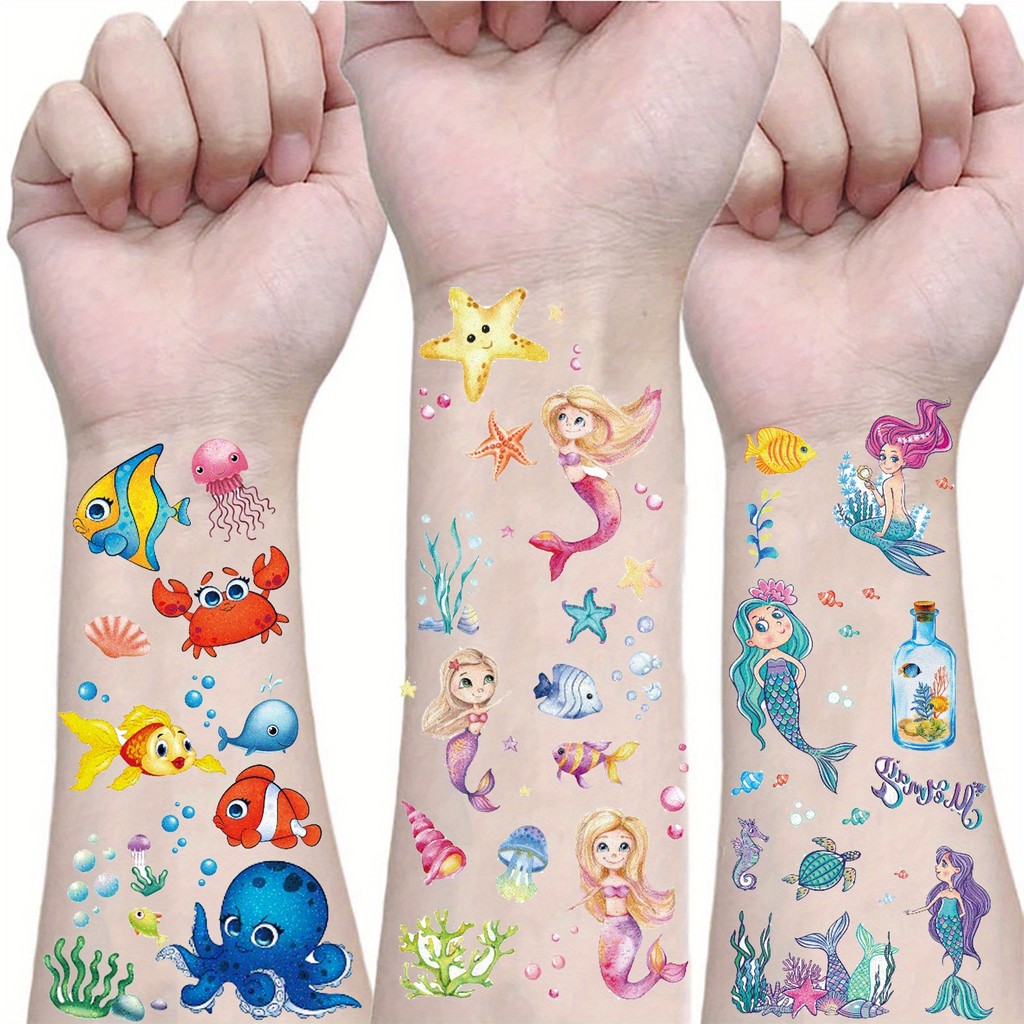 12 Sheets Tattoo Sticker Glitter Mermaid Ocean Sea Animals Temporary Tattoo Stickers,  Waterproof Fa