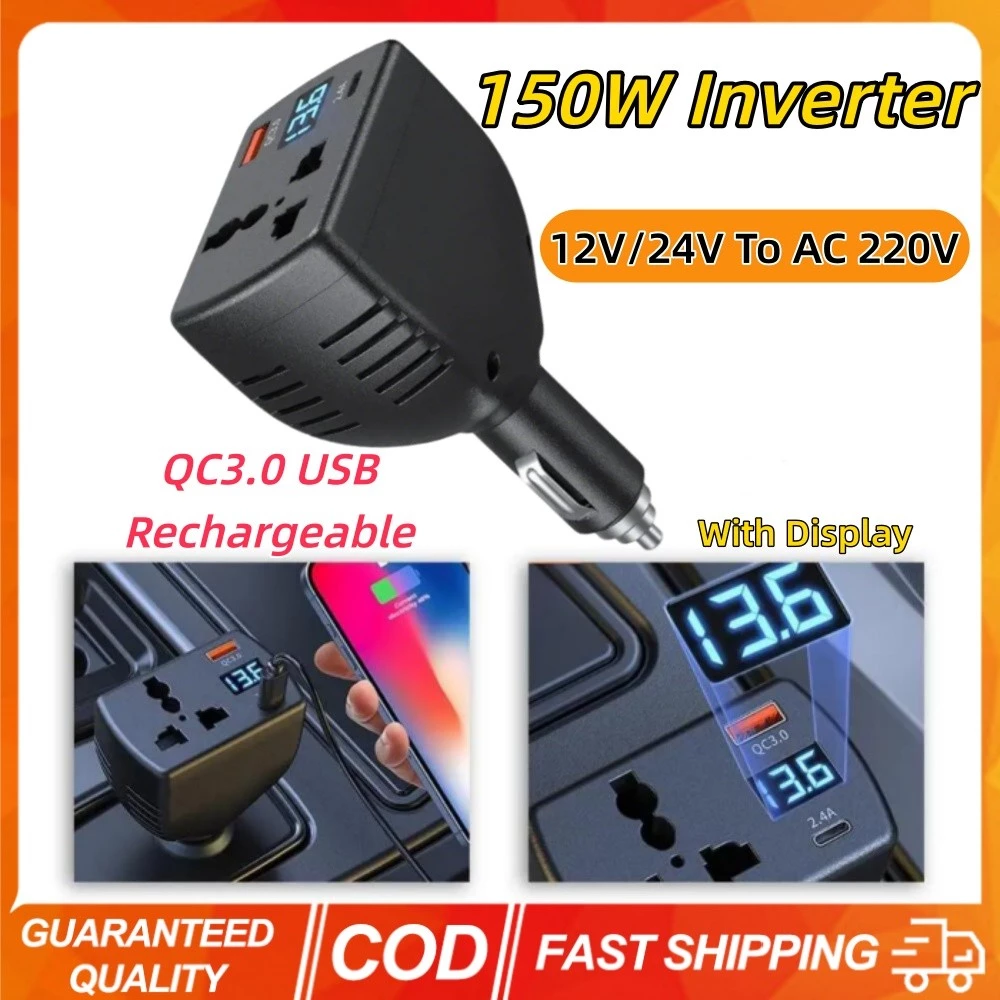 150W Car Charger รถบรรทุกติดตั้งอินเวอร์เตอร์ 12 V/24 V To AC 220 V Multi-function รถอินเวอร์เตอร์พร้อมจอแสดงผล QC3.0 USB Chargers รถ Accession