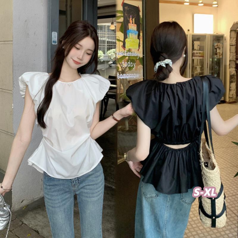 🌵Grace_chili🌵 เสื้อเชิ้ตแขนยาวคอกลม แขนสั้นพอง ทรงเข้ารูป อวดเอวสวยของคุณ สไตล์เกาหลี ดูดี สีพื้น 99208