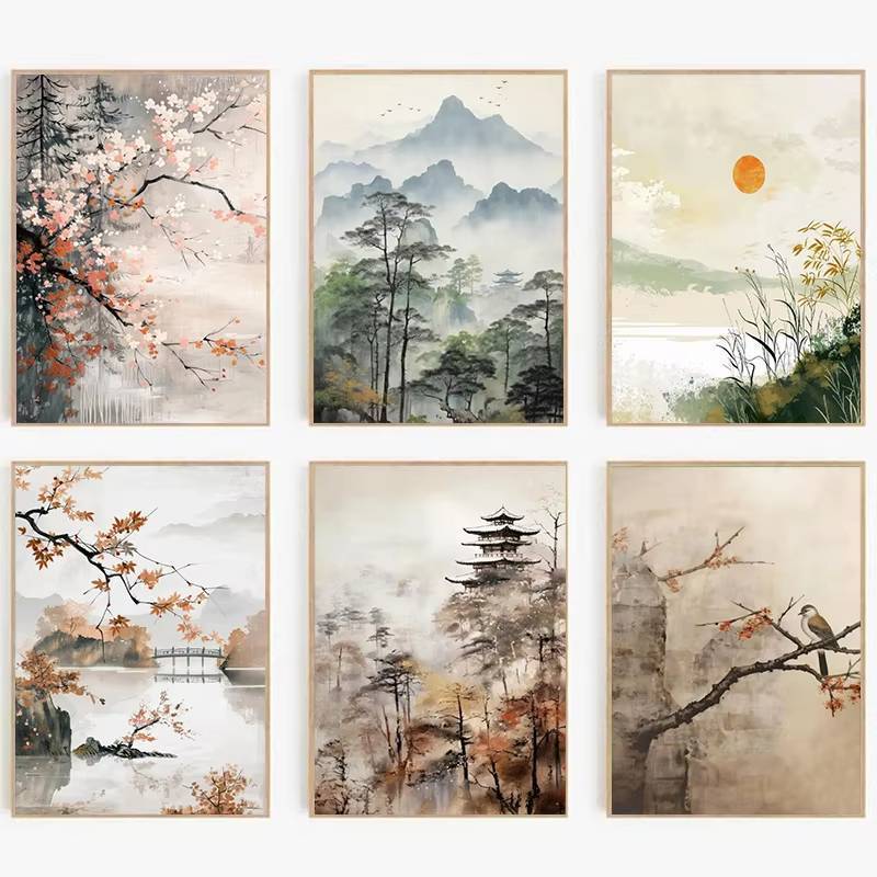 โมเดิร์นจีน Minimalist Zen Zen Peaceful ภูมิทัศน์ศิลปะโปสเตอร์ผ้าใบภาพวาดห้องนั่งเล่นห้องนอนตกแต่งบ้าน