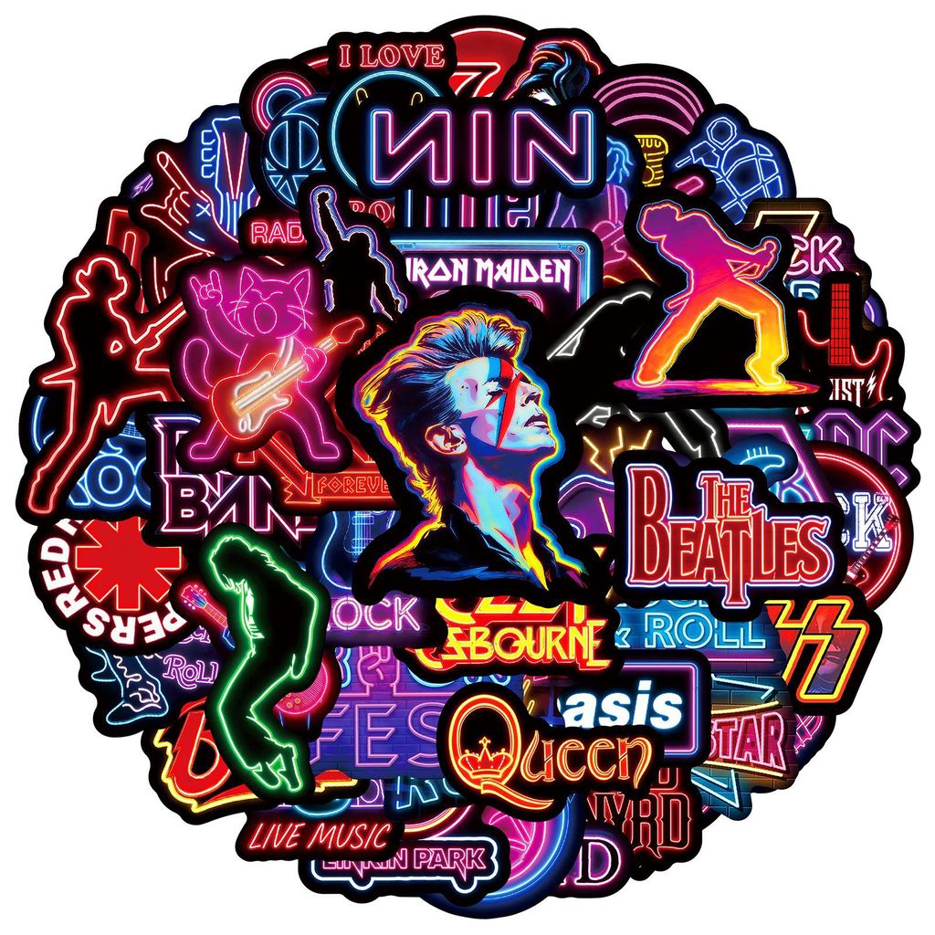 สติกเกอร์ร็อคนีออน 50 ชิ้น กันน้ำ สีสดใส สำหรับติดกีตาร์และโน้ตบุ๊กสุดเท่ Neon Rock Music Stickers