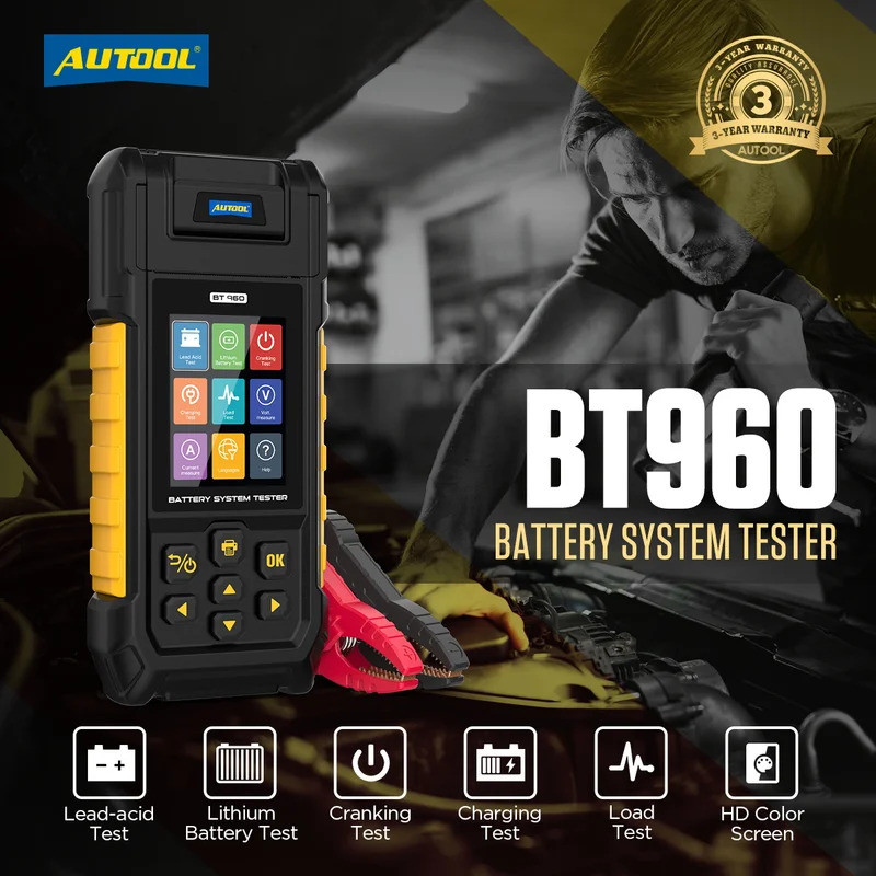 AUTOOL BT960 เครื่องทดสอบแบตเตอรี่รถยนต์ 3.2 นิ้วเครื่องทดสอบแบตเตอรี่ลิเธียม 6V12V24V36V48V60V72V เ