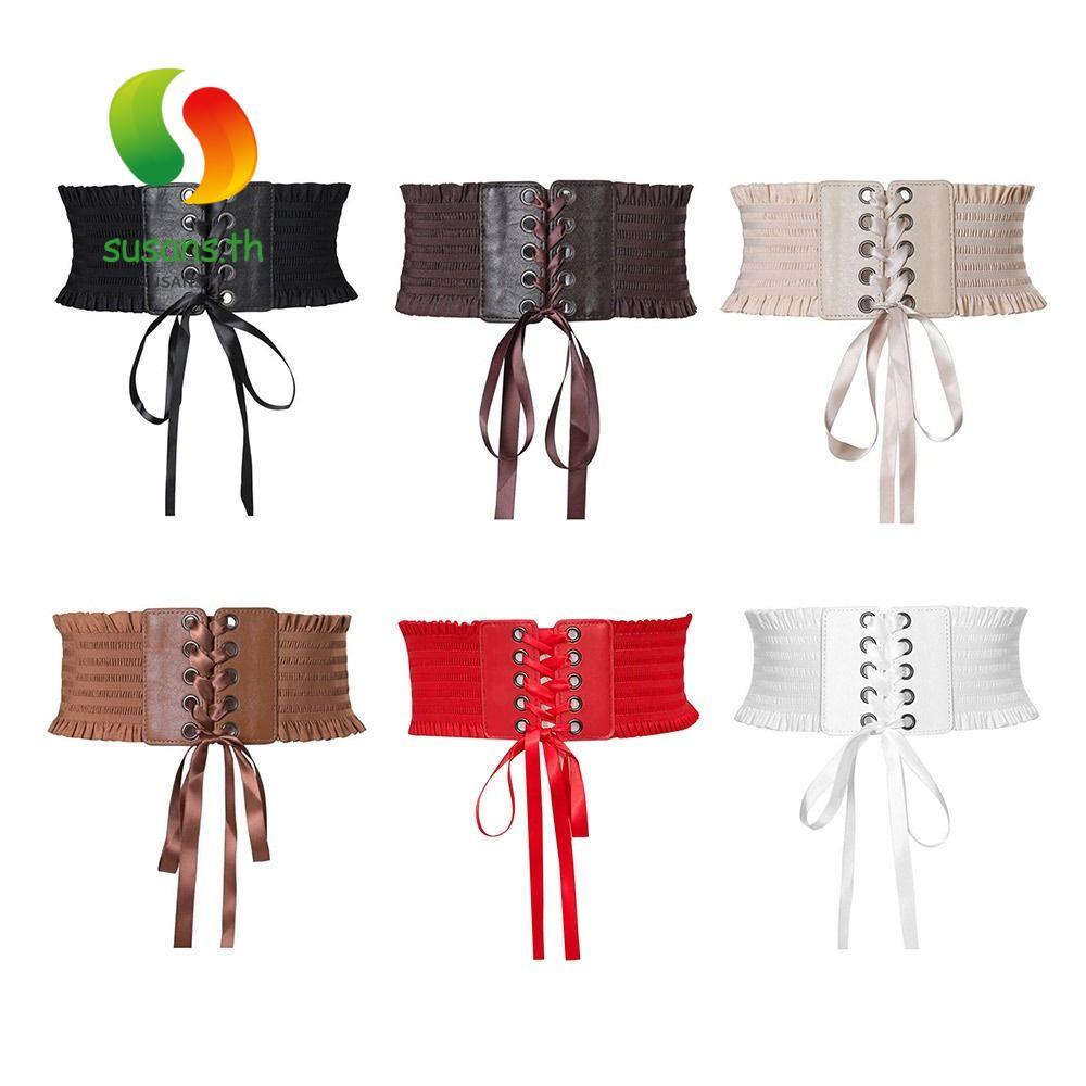 SUSANS Corset เข็มขัดเอว ออกแบบด้วยผ้าไหมยืดหยุ่นและPUหนัง สำหรับกระโปรงและชุดเสื้อผ้าแฟชั่น