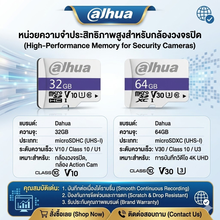 DAHUA เมมโมรี่การ์ด Micro SD Class10 สำหรับกล้องวงจรปิด CCTV / Dash Cam / มือถือ 32GB 64GB