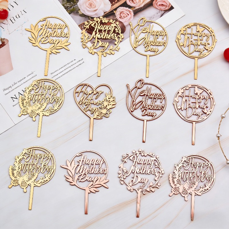 Gold Mothers Day Cake Toppers Set – Floral & Butterfly Themed Happy Mothers Day Picks