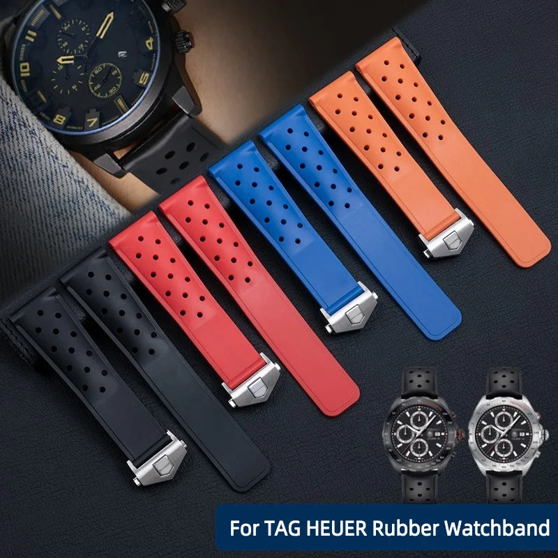 สายนาฬิกายางสําหรับ TAG HEUER CARRERA AQUARACER Monaco F1 สายนาฬิกาซิลิโคน 22 มม.สีดําสีฟ้าสีส้มกันน