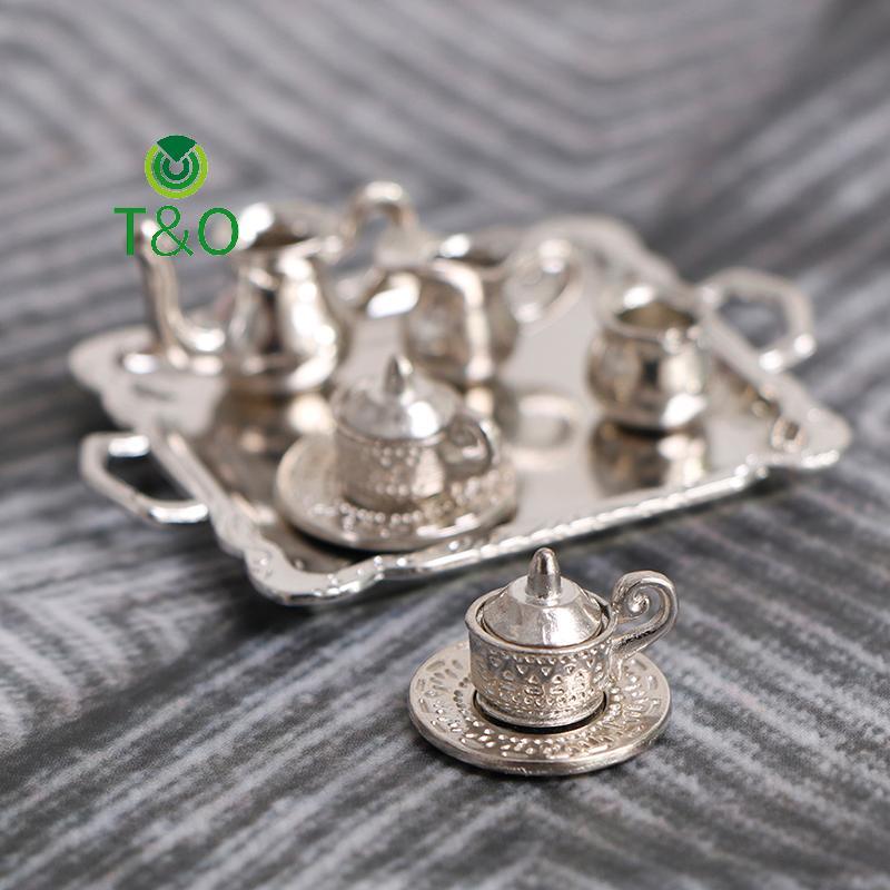 [T&OT] 10 ชิ้น 1/12 Dollhouse Miniature Silver Metal Tea Coffee Tray Tableware Set [ใหม่]