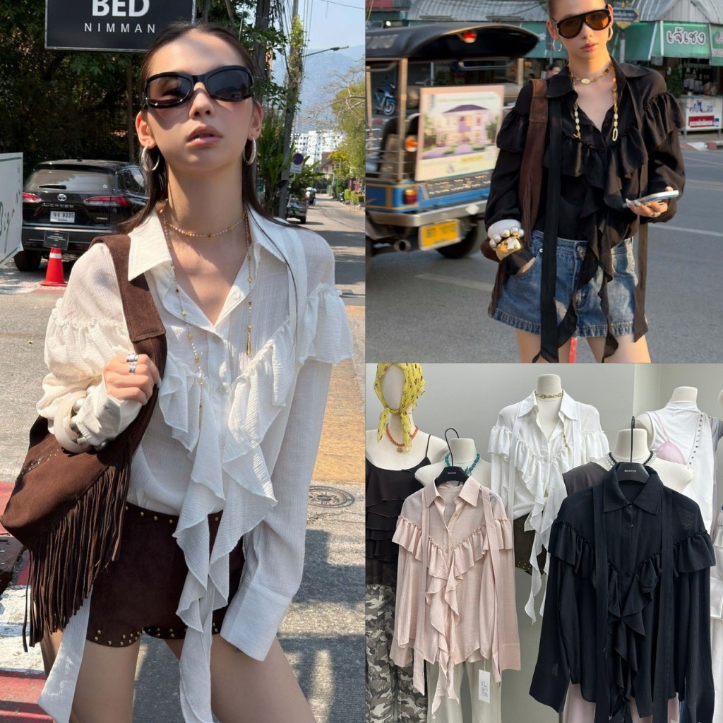 🧵🧡 🇰🇷 SU101 เสื้อแขนยาว คอปก แต่งผ้าช่วงอก งานสวยเก๋ ผ้าดี งานทรงนี้ แฟชั่นเกาหลี TAG MM Fish