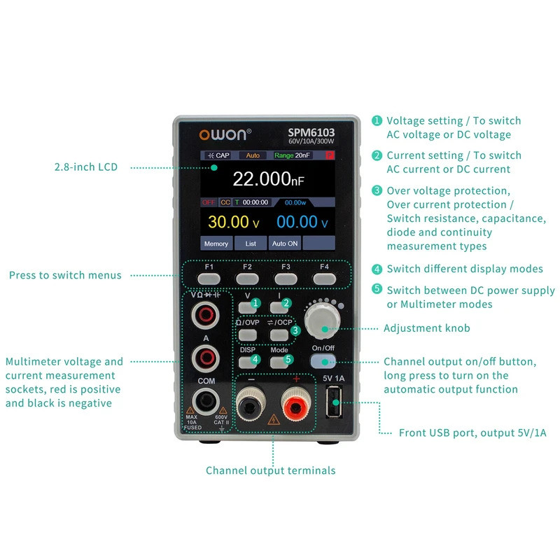 OWON SPM3103 แหล่งจ่ายไฟ DC แบบตั้งโปรแกรมได้, แหล่งจ่ายไฟสําหรับห้องปฏิบัติการแบบพกพาพร้อมตัวควบคุม