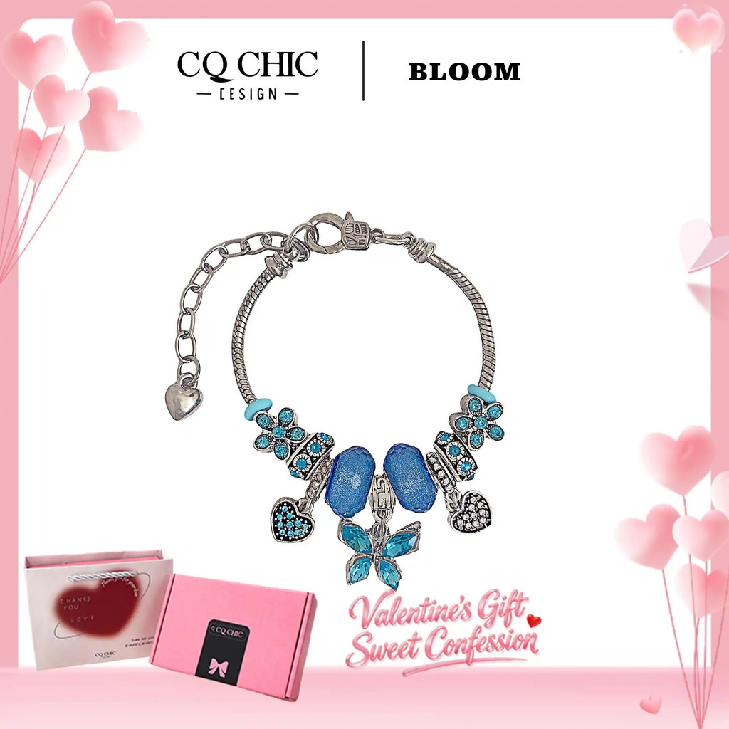 【5050】สร้อยข้อมือสไตล์หัวใจและผีเสื้อสีน้ำเงิน แฮนด์เมดจาก CQ CHIC เหมาะสำหรับทำเป็นของขวัญวันวาเลนไ