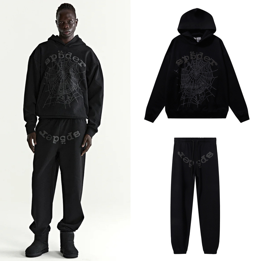 APGA 25New Sp5der 555555Foam-print spider web loose-fitting hooded sweatshirt and casual long pants 