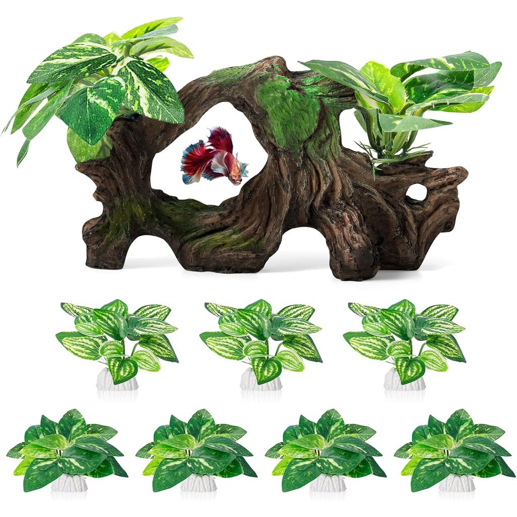 8 ชิ้น Driftwood Cave Aquarium Decor Decor ผ้าไหม Aquarium พืชใบนุ่มและปลอดภัยสําหรับตกแต่งตู้ปลาและ