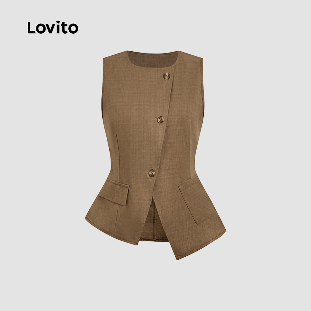 Lovito  เสื้อลําลองผู้หญิงฤดูใบไม้ผลิ/ฤดูร้อนปกปุ่มไม่สมมาตรกระเป๋าปลอมสีคากิ L178ED2146 ราคา ถูกที่สุด ดีลบีเคเค แกลเลอรีภาพที่ 5