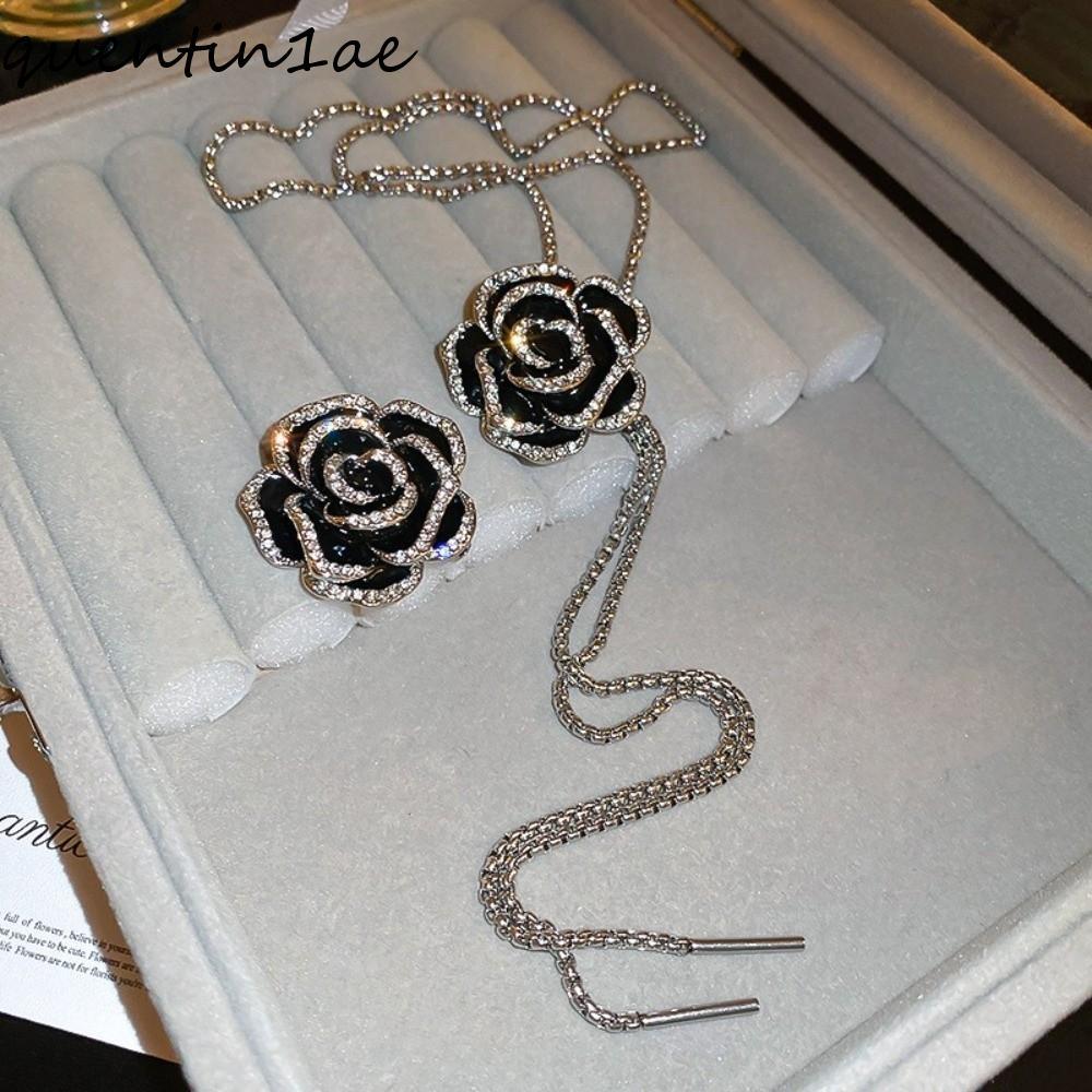QUENTIN1AE สร้อยคอมะนาวิลลายดอกแคมเปลเลีย สีดำเงิน เพียบพร้อมด้วยคริสตัล Rhinestone สำหรับผู้หญิง ขอ