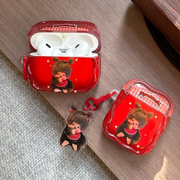เคส AirPods มอนชิชิ สีแดงโชคดี ซิลิโคนนิ่ม พร้อมจี้น่ารัก กันกระแทก AirPods 1 2 3 Pro Pro2 4 ของขวัญปีใหม่