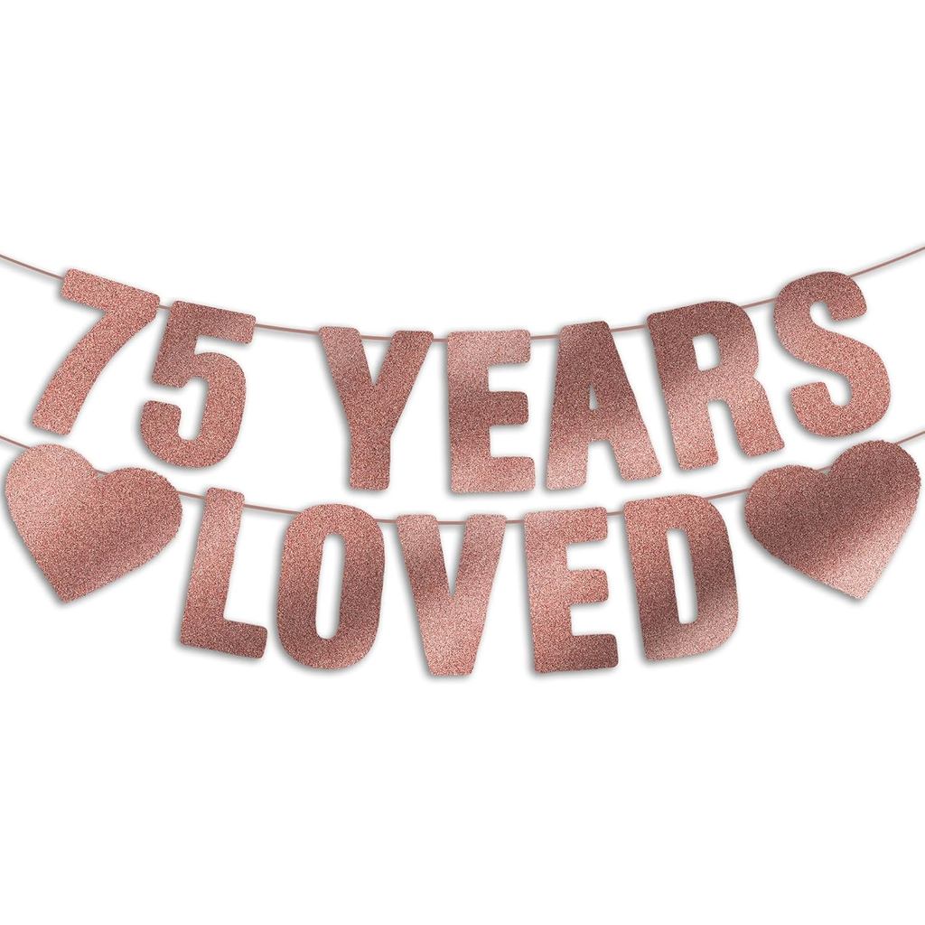 Pre-Strung 75th Birthday Banner - Rose Gold Glitter, Happy 75th Birthday Party ตกแต่งผู้หญิงน่ารัก 7