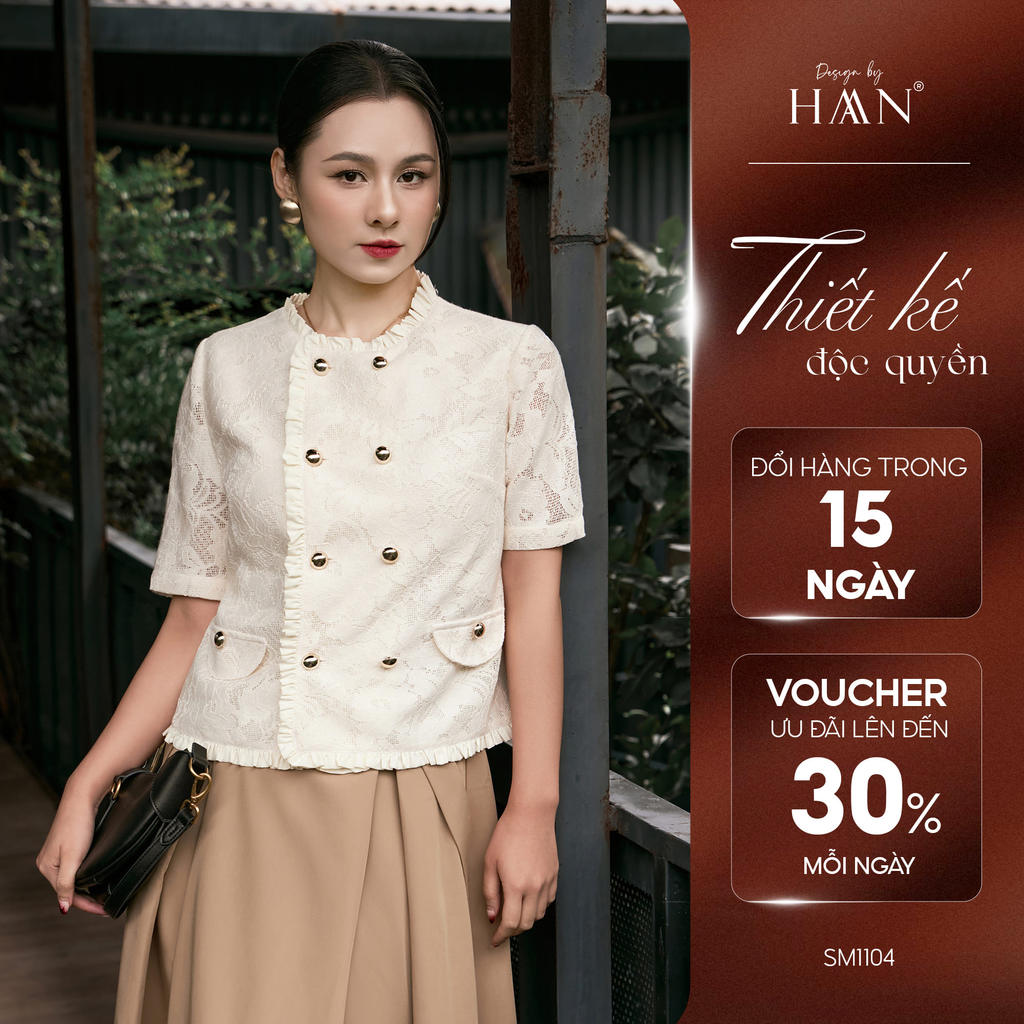 เสื้อเชิ้ตสํานักงานผู้หญิงคอกลมลูกไม้สีครีมสีเบจมีกระดุมหรูหราดีไซน์ HAAN SM1104