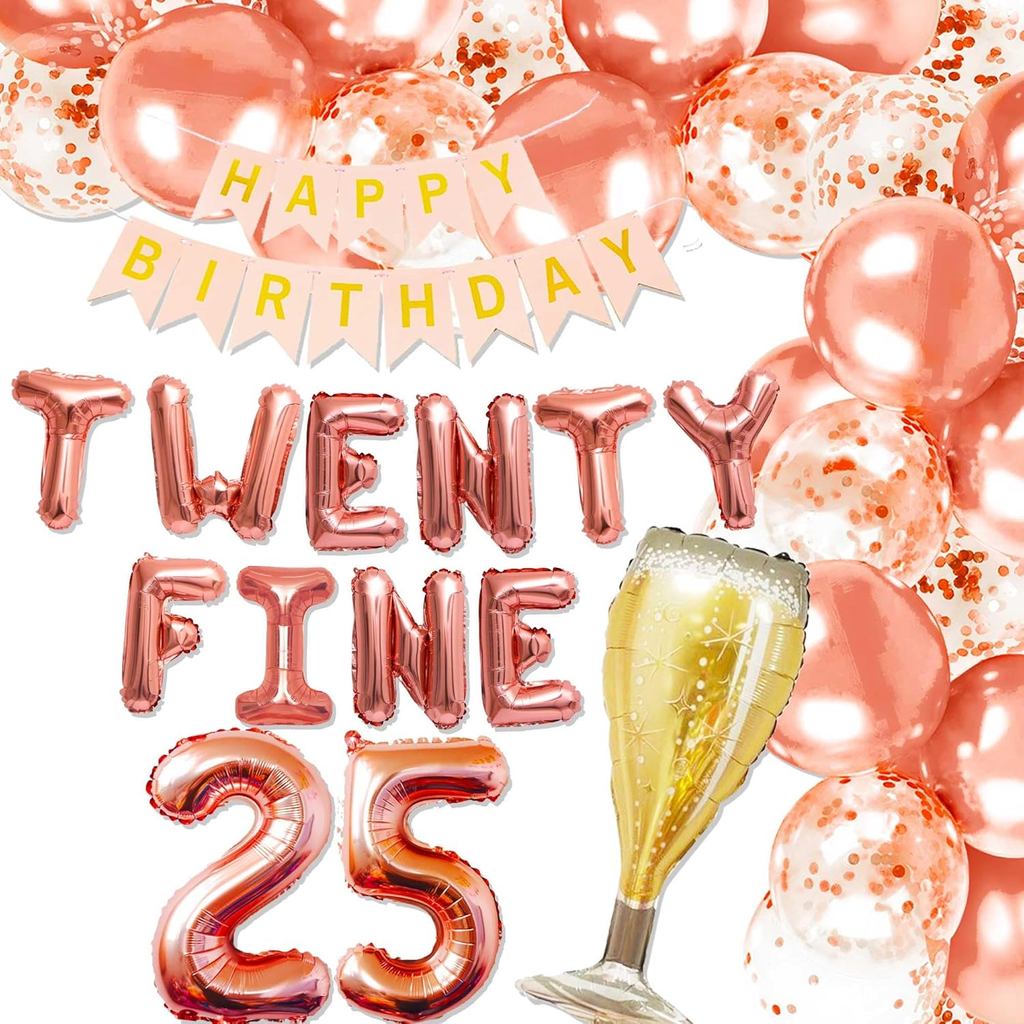 LaVenty Rose Gold 25th Birthday Balls - Funny Happy Birthday Decor with 25 Number Balloons