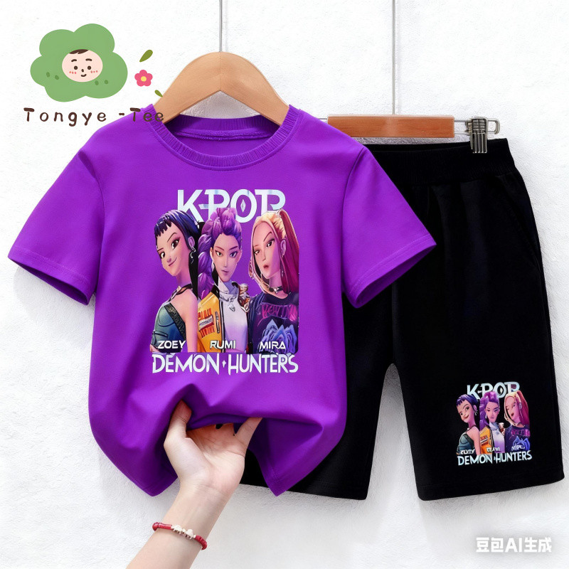 [COD]XK2  จัดส่งจากประเทศไทย จัดส่งภายใน 24 ชั่วโมง เสื้อยืดแขนสั้นเด็กผู้หญิง + กางเกงขาสั้น กลุ่มสาวล่าแม่มด ชุดเด็ก+（