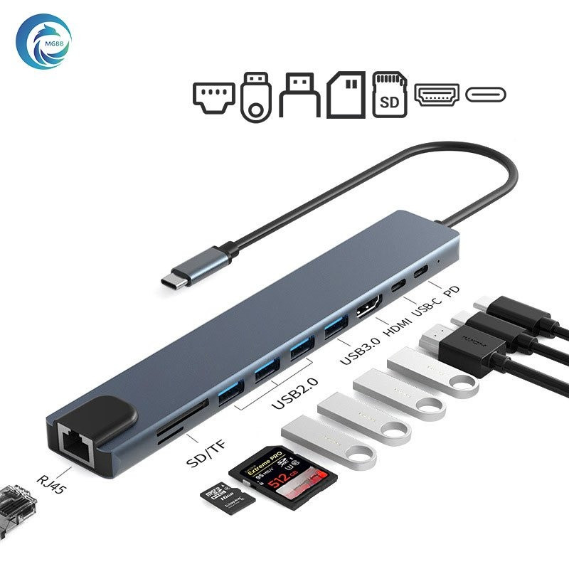 MGBB 10in1Type-c hub อะแดปเตอร์ฮับ USB-C  เป็น USB 3.0 +USB2.0*3+HDMI 4K+usb-c+PD100w+ RJ 45100Mbps +การ์ดรีดเดอร์ SD TF