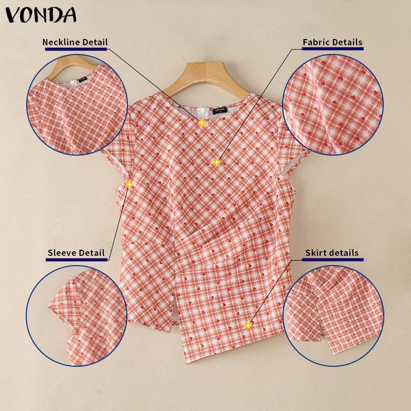 VONDA เสื้อลายพิมพ์สำหรับผู้หญิง สไตล์เกาหลี คอกลม แขนสั้น ขอบตัดไม่สม่ำเสมอ — صورة 7