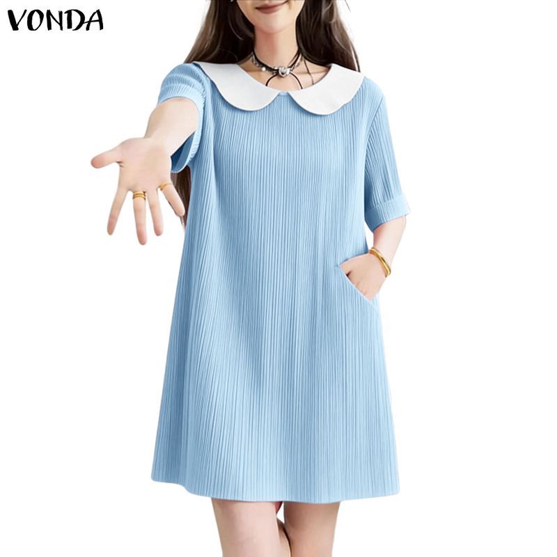VONDA กระโปรงยาวสไตล์เกาหลีหวาน ๆ ตัดเย็บอย่างสวยงามด้วยคอลเลอร์บล็อกและคอเสื้อปีเตอร์แพน