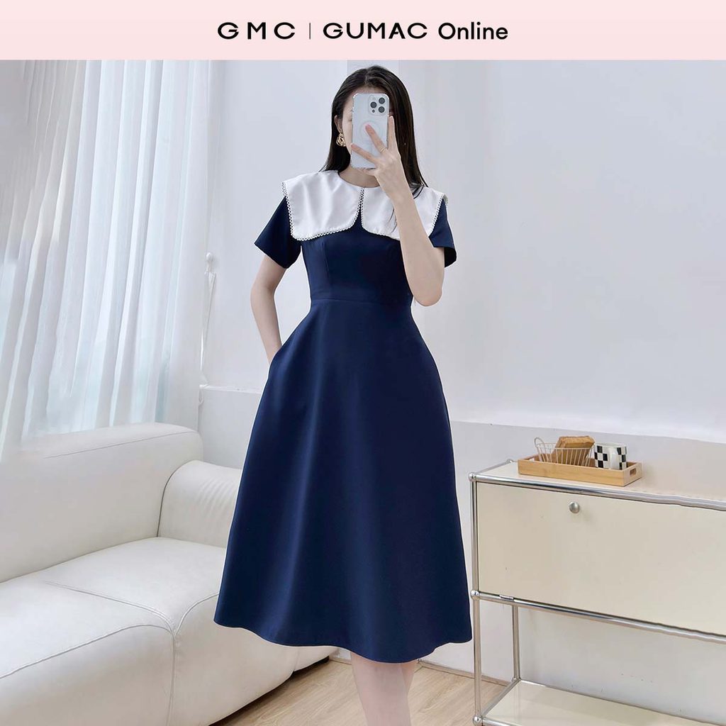 กูแมค ชุดเดรสบานทรง ก ผู้หญิงคอปกลูกไม้มีกระเป๋าในผ้าคอตตอนไทย แบบ LDF0707