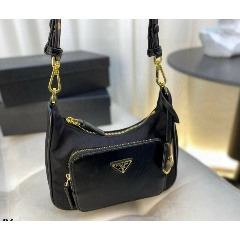 [กล่องของขวัญ] กระเป๋าสะพายใต้วงแขน PRADA hobo สไตล์เรียบง่ายไนลอนคุณภาพสูงกระเป๋าสะพายข้างผู้หญิง