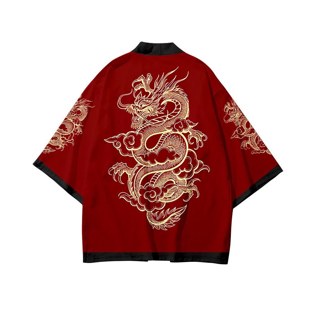 เสื้อคาร์ดิแกนถักลายมังกรสำหรับผู้ชาย สไตล์ฮาโอริ ขนาดบวก สีแดงสดใส