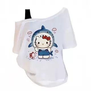 COD✅ เสื้อยืดแขนสั้นคอเอียง ดีไซน์ Fake Two-Piece ลายการ์ตูน ทรงหลวม ซ่อนหุ่นได้ สไตล์แคชชวล | ผู้หญิง ใส่ได